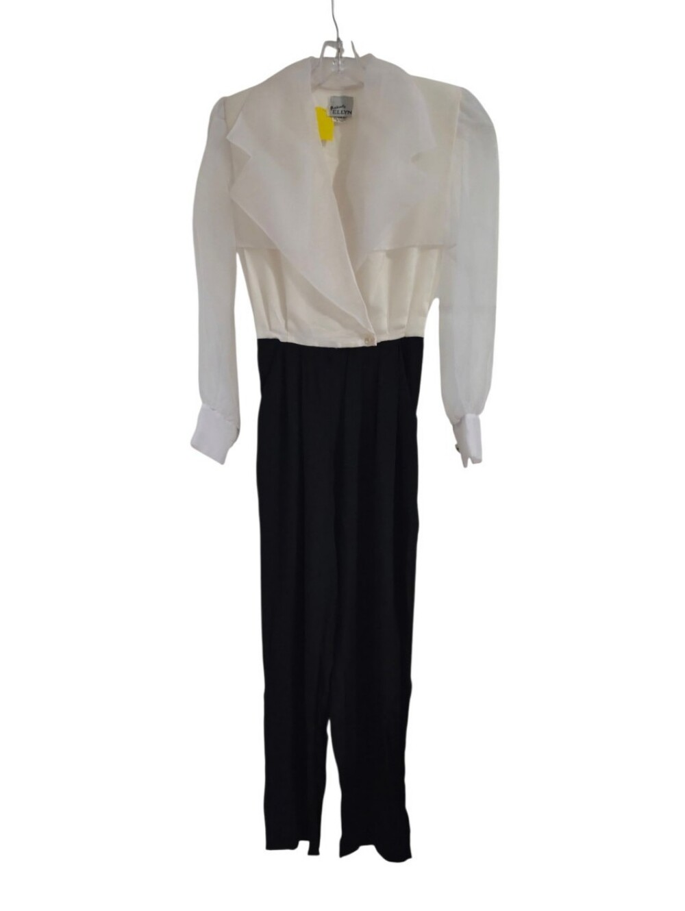 Vintage 80s Positively Ellyn Tuxedo Jumpsuit Size 4 Sheer Sleeve Black Ivory - Picture 2 of 12